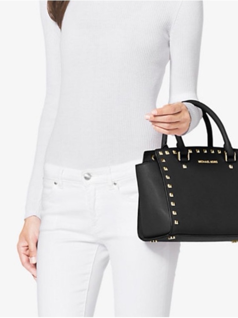 Michael Kors Black Leather Studded Satchel with Gold Accent